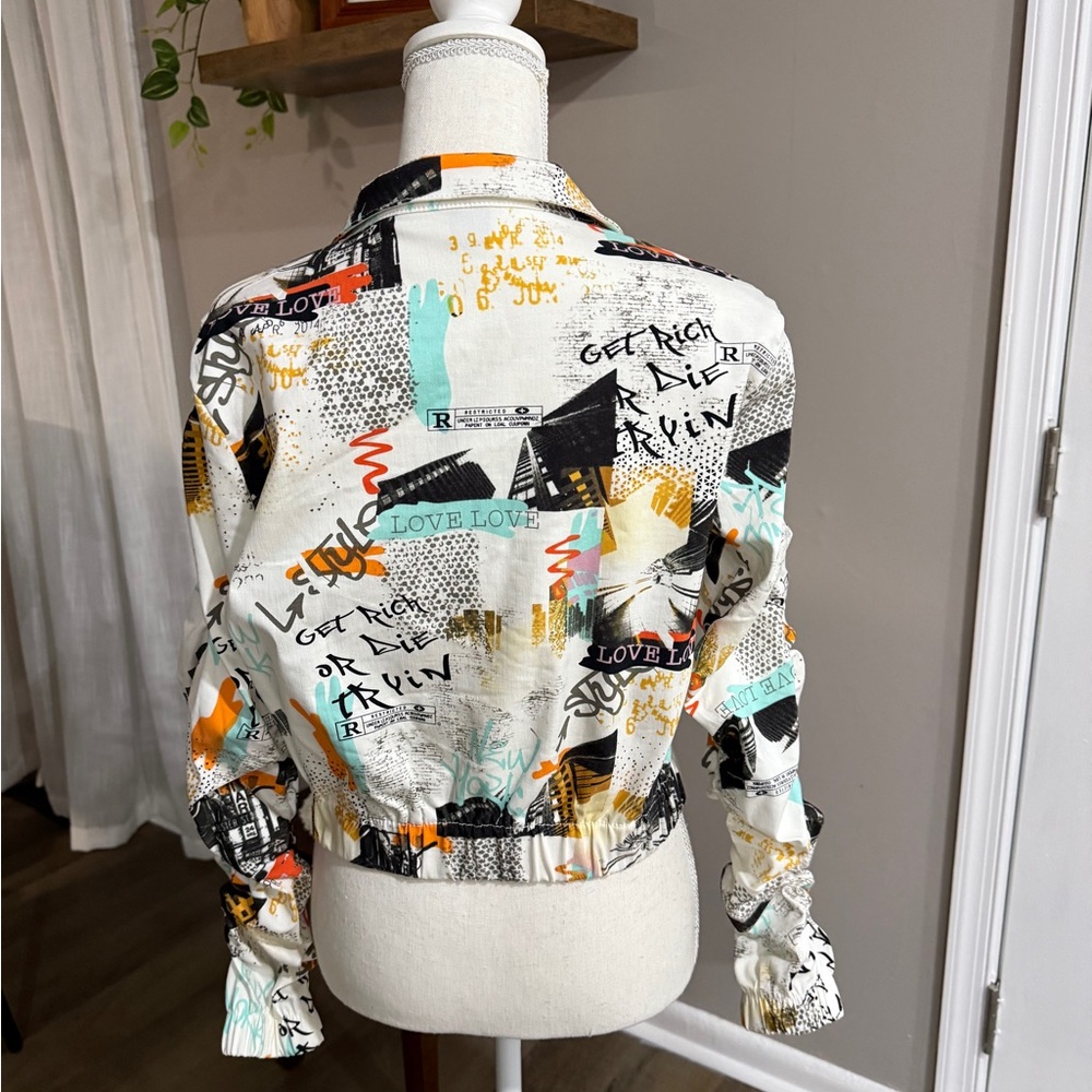“Like an Angel” brand Women’s Multicolor Graphic Bomber Jacket, Sz. L. - Picture 3 of 5
